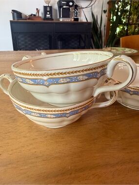 Cream Porcelain Soup Cups with Blue Floral Band and Gold Trim - Pair